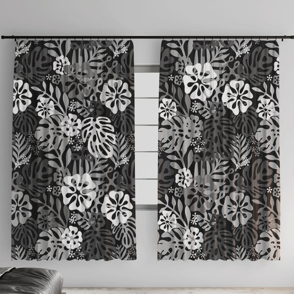 Black Aloha Hawaiian Window Curtain Monstera Hibiscus Tropical Pattern