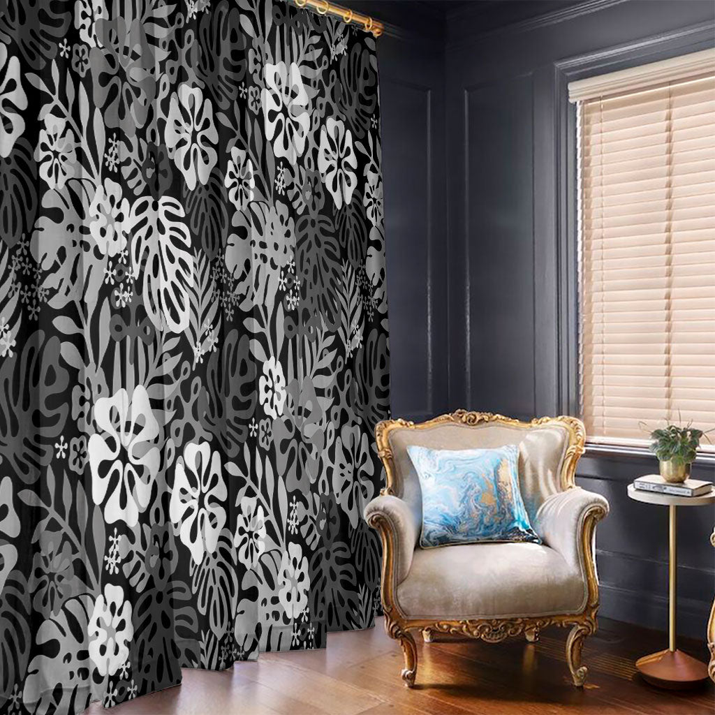 Black Aloha Hawaiian Window Curtain Monstera Hibiscus Tropical Pattern