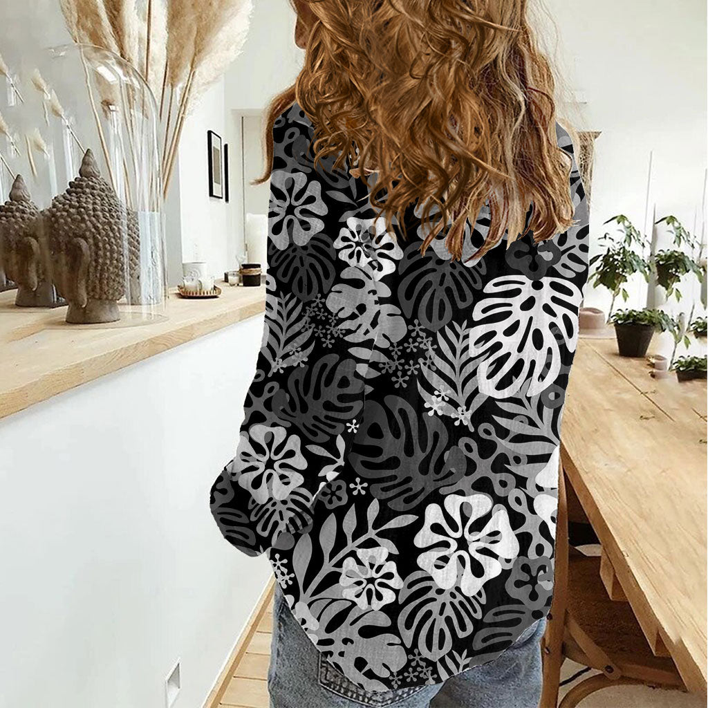 Black Aloha Hawaiian Women Casual Shirt Monstera Hibiscus Tropical Pattern