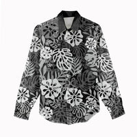 Black Aloha Hawaiian Women Casual Shirt Monstera Hibiscus Tropical Pattern