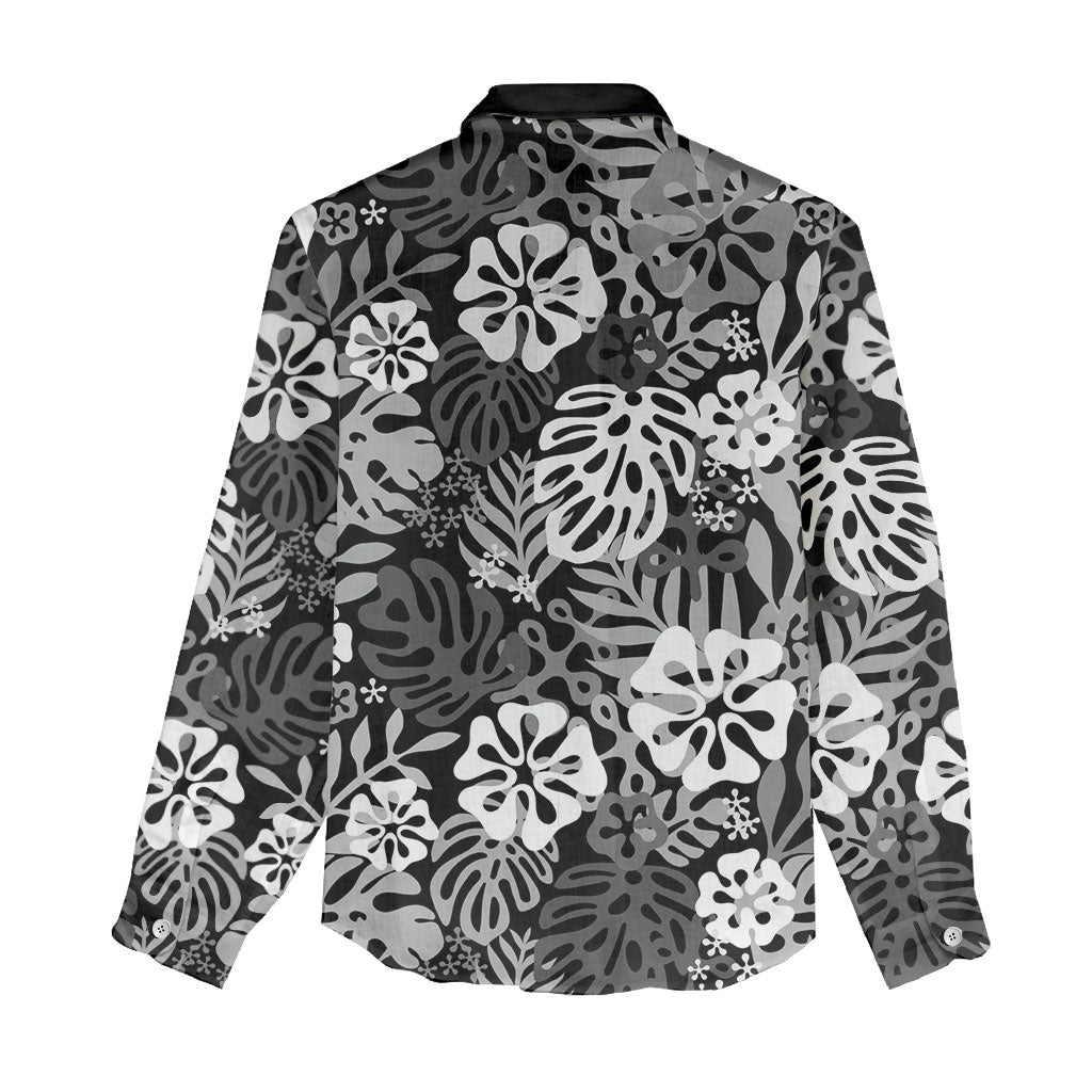 Black Aloha Hawaiian Women Casual Shirt Monstera Hibiscus Tropical Pattern