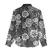 Black Aloha Hawaiian Women Casual Shirt Monstera Hibiscus Tropical Pattern