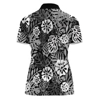 Black Aloha Hawaiian Women Polo Shirt Monstera Hibiscus Tropical Pattern