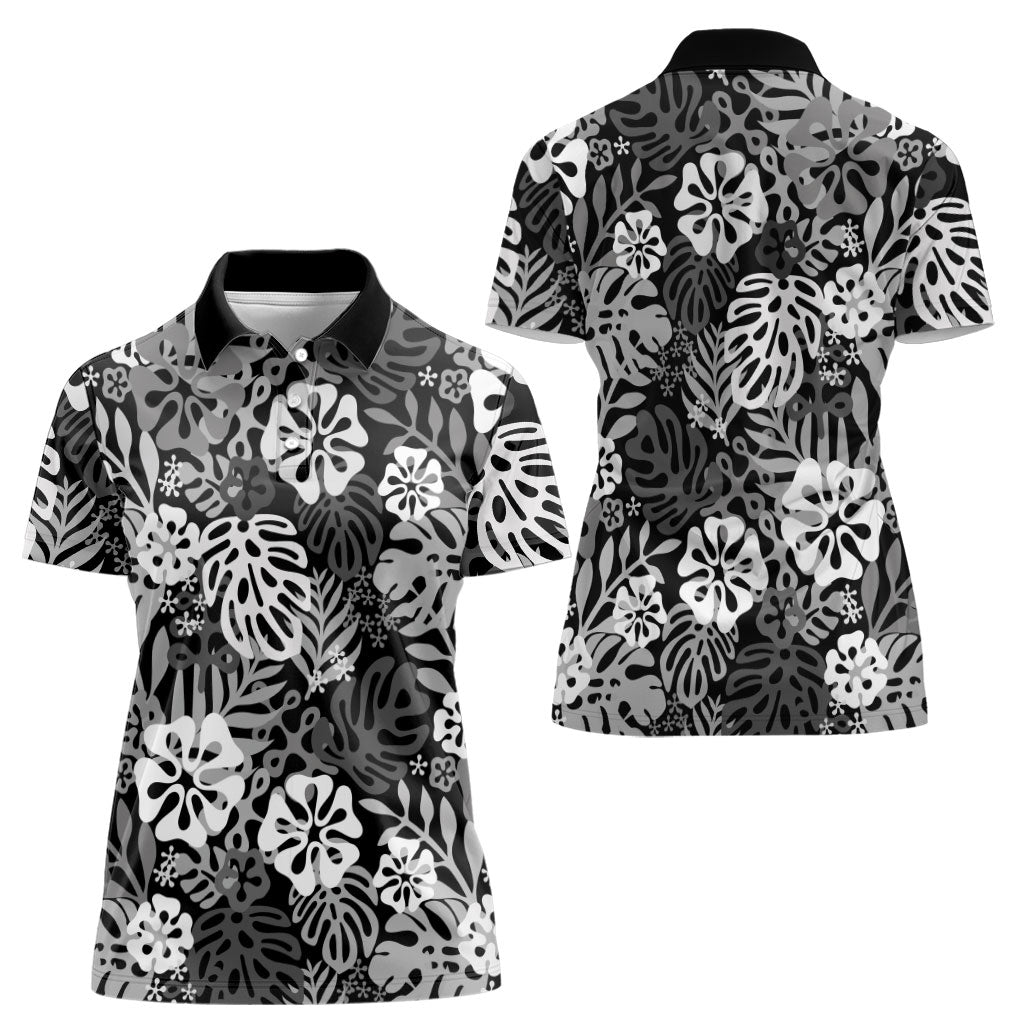Black Aloha Hawaiian Women Polo Shirt Monstera Hibiscus Tropical Pattern