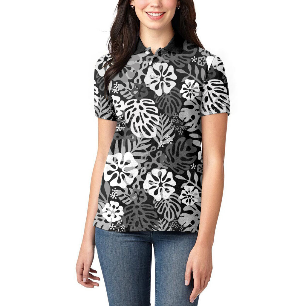 Black Aloha Hawaiian Women Polo Shirt Monstera Hibiscus Tropical Pattern