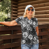 Black Aloha Hawaiian Women Polo Shirt Monstera Hibiscus Tropical Pattern