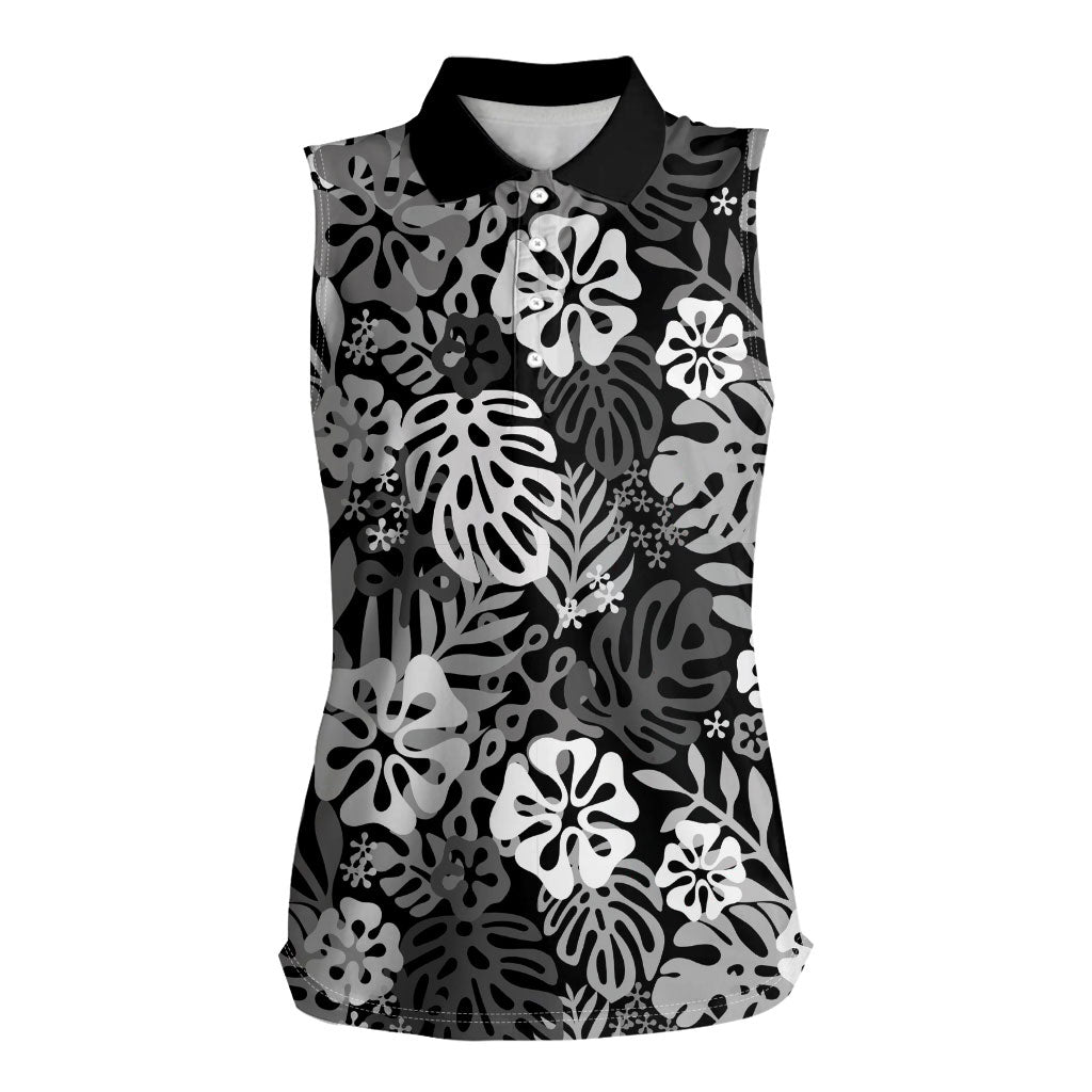 Black Aloha Hawaiian Women Sleeveless Polo Shirt Monstera Hibiscus Tropical Pattern