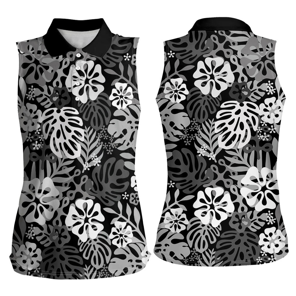 Black Aloha Hawaiian Women Sleeveless Polo Shirt Monstera Hibiscus Tropical Pattern