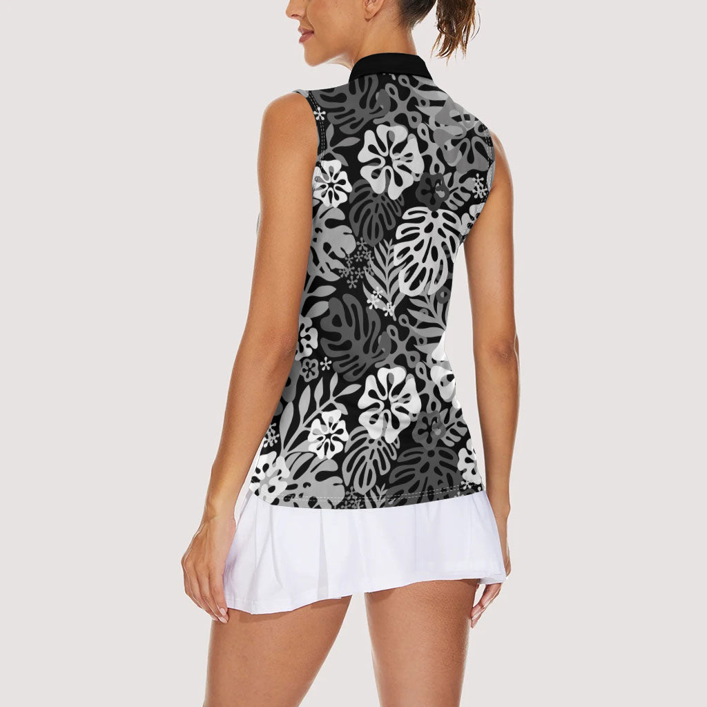Black Aloha Hawaiian Women Sleeveless Polo Shirt Monstera Hibiscus Tropical Pattern