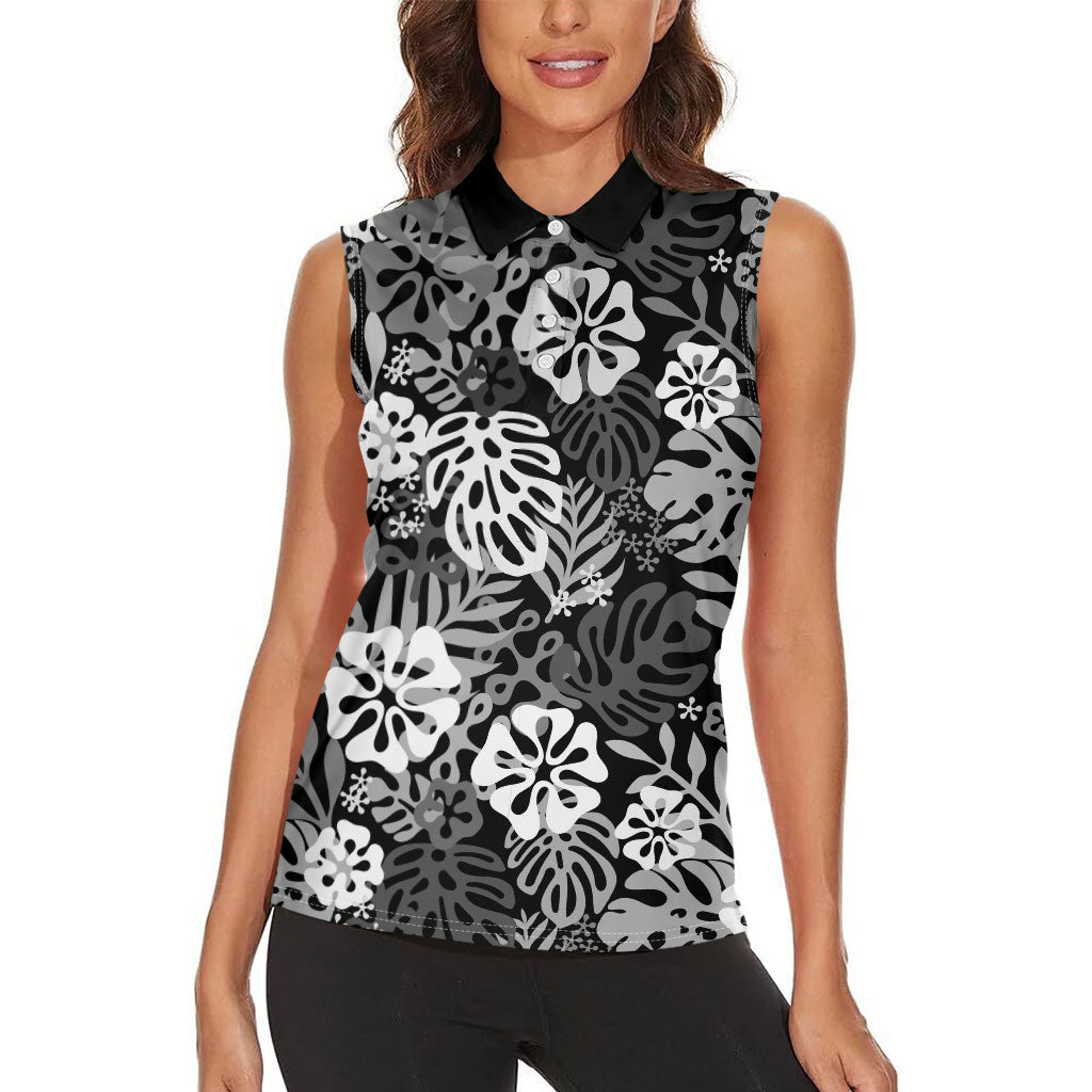Black Aloha Hawaiian Women Sleeveless Polo Shirt Monstera Hibiscus Tropical Pattern
