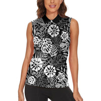 Black Aloha Hawaiian Women Sleeveless Polo Shirt Monstera Hibiscus Tropical Pattern