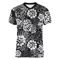 Black Aloha Hawaiian Women V-Neck T-Shirt Monstera Hibiscus Tropical Pattern