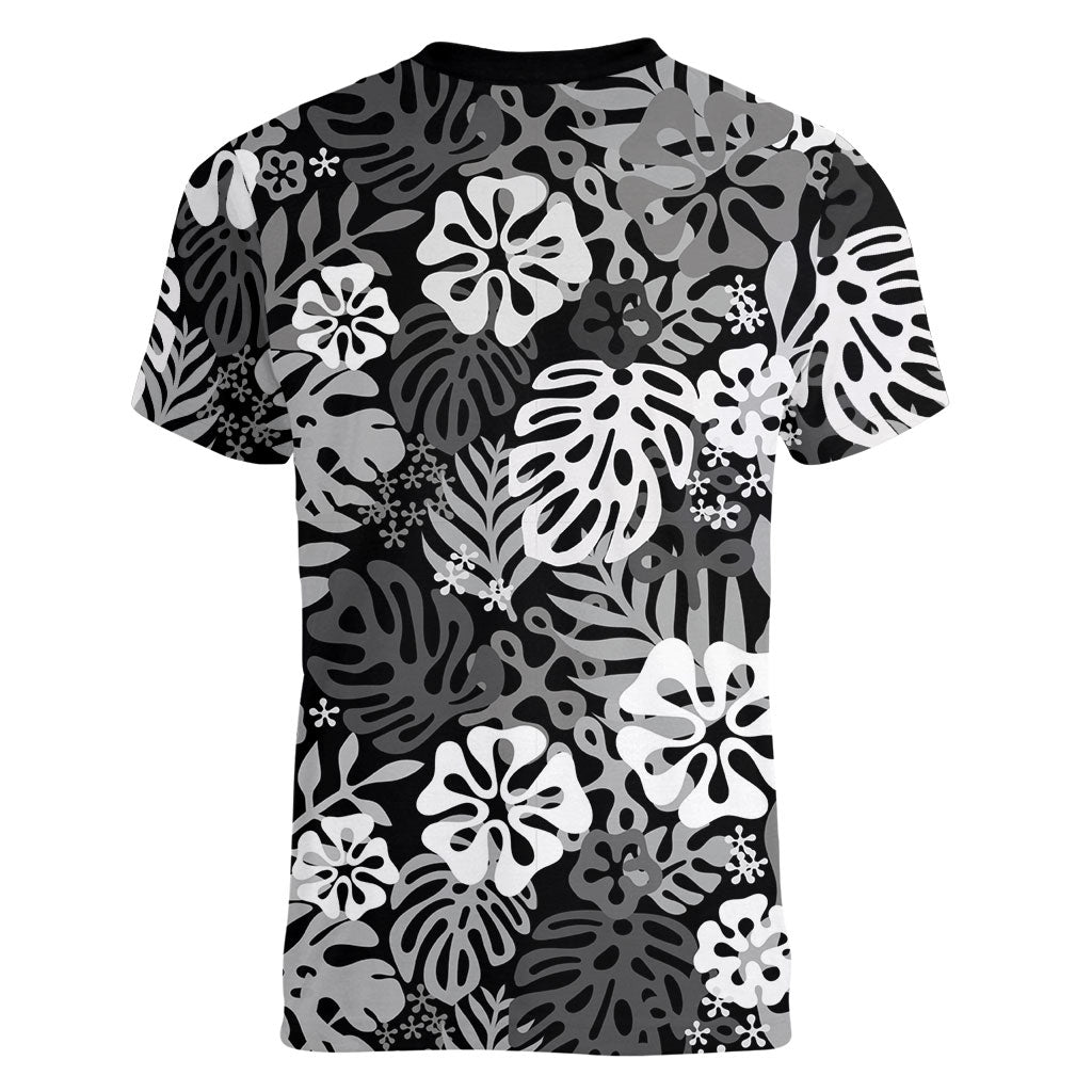 Black Aloha Hawaiian Women V-Neck T-Shirt Monstera Hibiscus Tropical Pattern