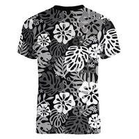 Black Aloha Hawaiian Women V-Neck T-Shirt Monstera Hibiscus Tropical Pattern