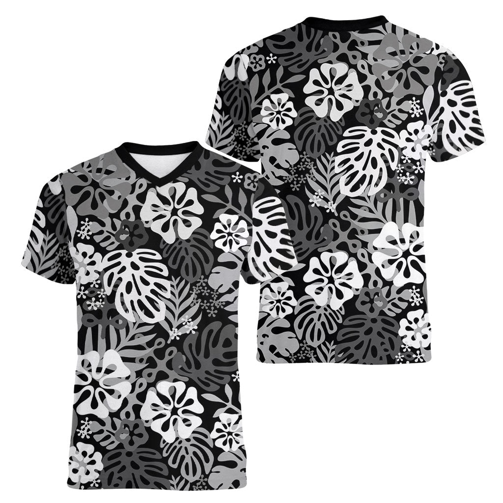 Black Aloha Hawaiian Women V-Neck T-Shirt Monstera Hibiscus Tropical Pattern