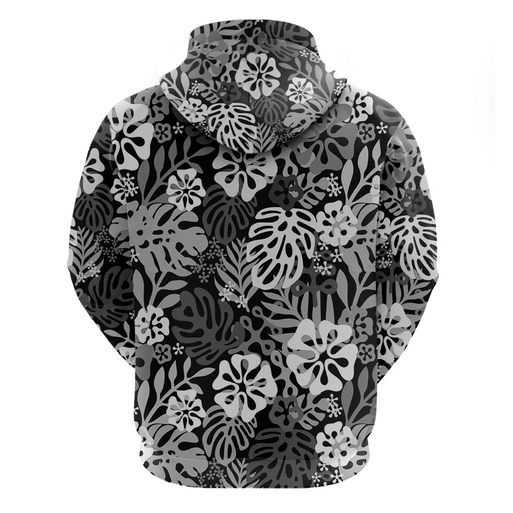 Black Aloha Hawaiian Zip Hoodie Monstera Hibiscus Tropical Pattern