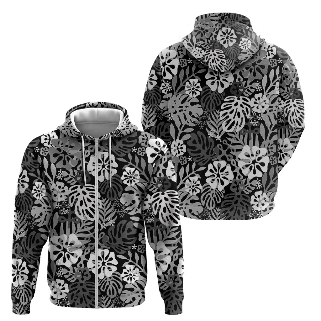 Black Aloha Hawaiian Zip Hoodie Monstera Hibiscus Tropical Pattern