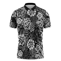 Black Aloha Hawaiian Zipper Polo Shirt Monstera Hibiscus Tropical Pattern