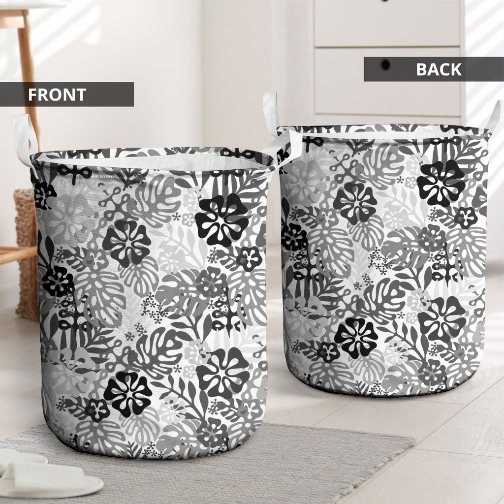 White Aloha Hawaiian Laundry Basket Monstera Hibiscus Tropical Pattern