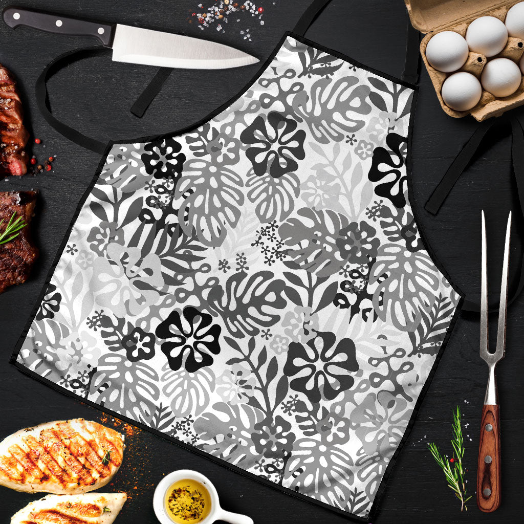 White Aloha Hawaiian Apron Monstera Hibiscus Tropical Pattern