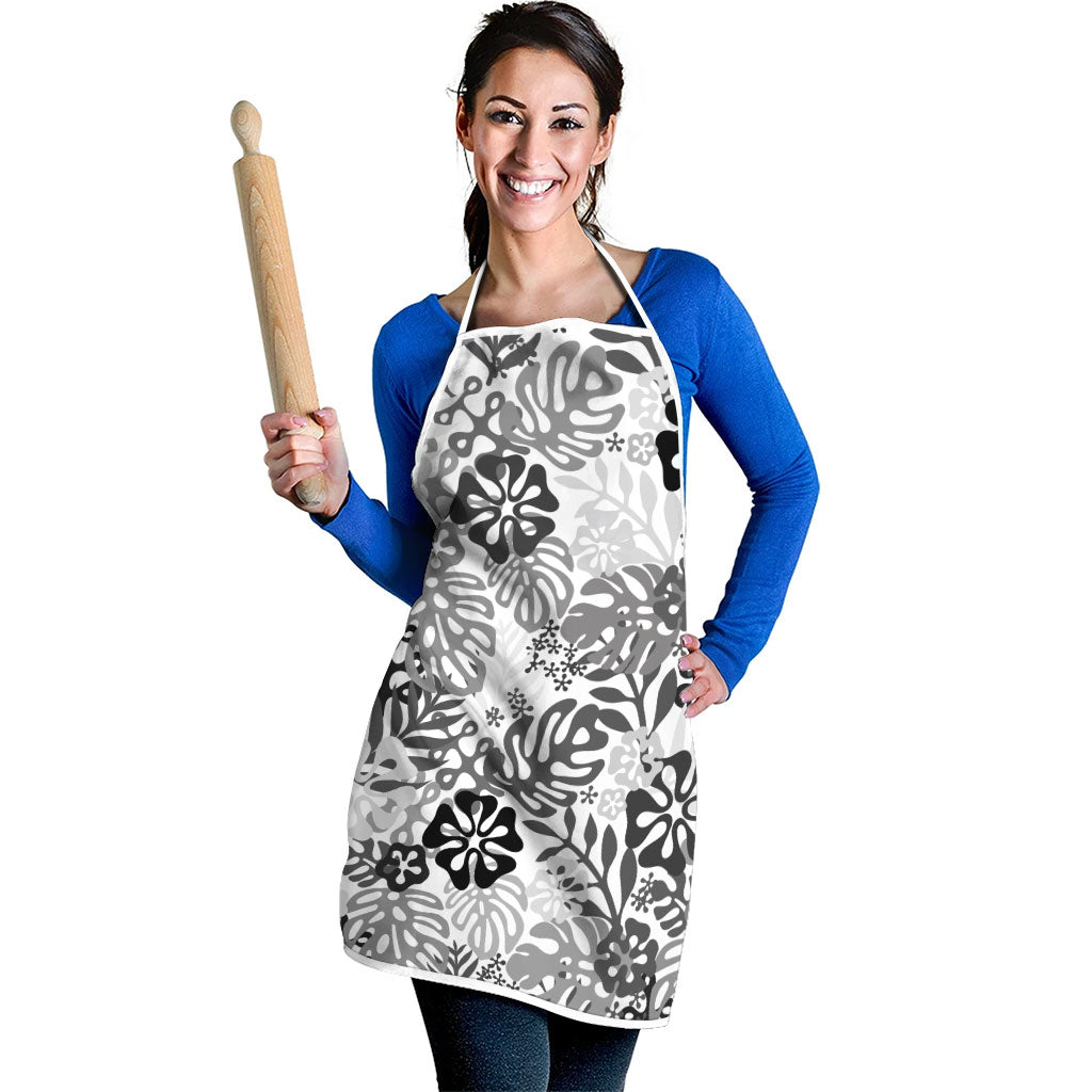 White Aloha Hawaiian Apron Monstera Hibiscus Tropical Pattern