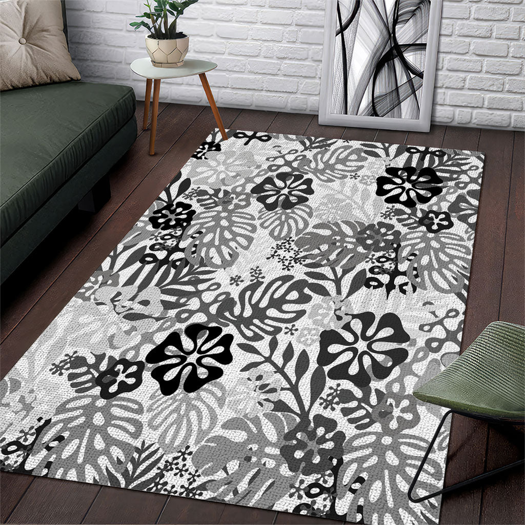 White Aloha Hawaiian Area Rug Monstera Hibiscus Tropical Pattern
