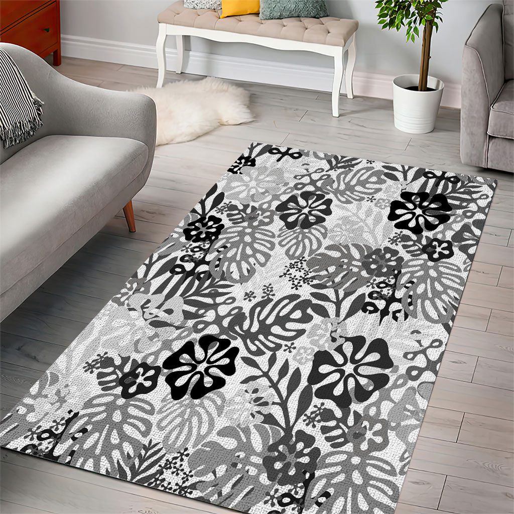 White Aloha Hawaiian Area Rug Monstera Hibiscus Tropical Pattern