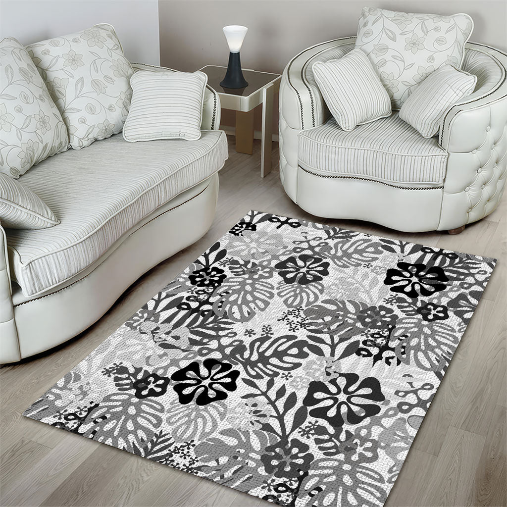 White Aloha Hawaiian Area Rug Monstera Hibiscus Tropical Pattern