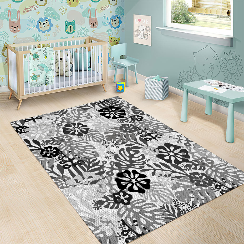 White Aloha Hawaiian Area Rug Monstera Hibiscus Tropical Pattern