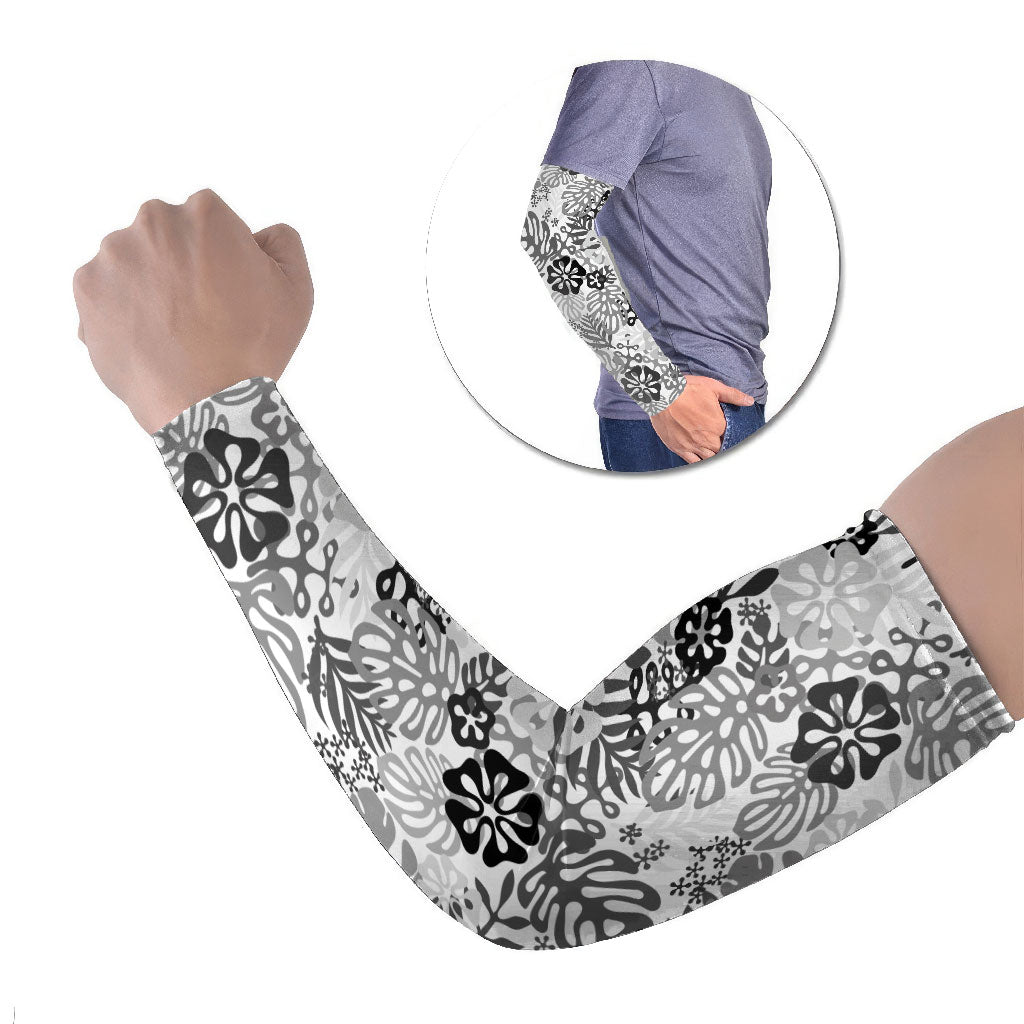 White Aloha Hawaiian Arm Sleeves Monstera Hibiscus Tropical Pattern
