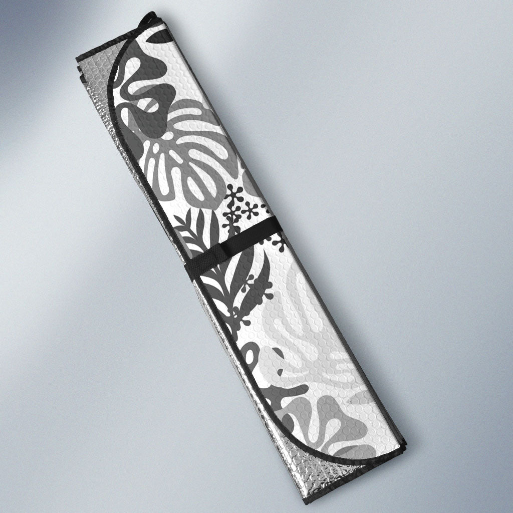 White Aloha Hawaiian Auto Sun Shade Monstera Hibiscus Tropical Pattern