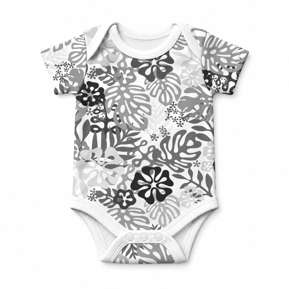 White Aloha Hawaiian Baby Onesie Monstera Hibiscus Tropical Pattern