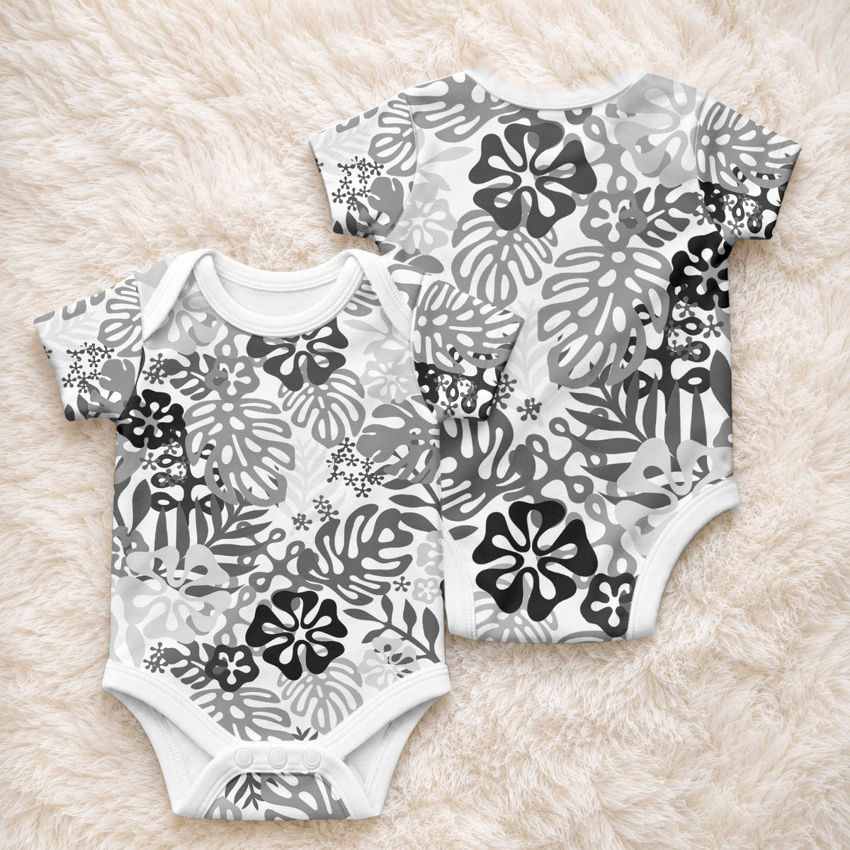 White Aloha Hawaiian Baby Onesie Monstera Hibiscus Tropical Pattern