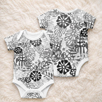 White Aloha Hawaiian Baby Onesie Monstera Hibiscus Tropical Pattern