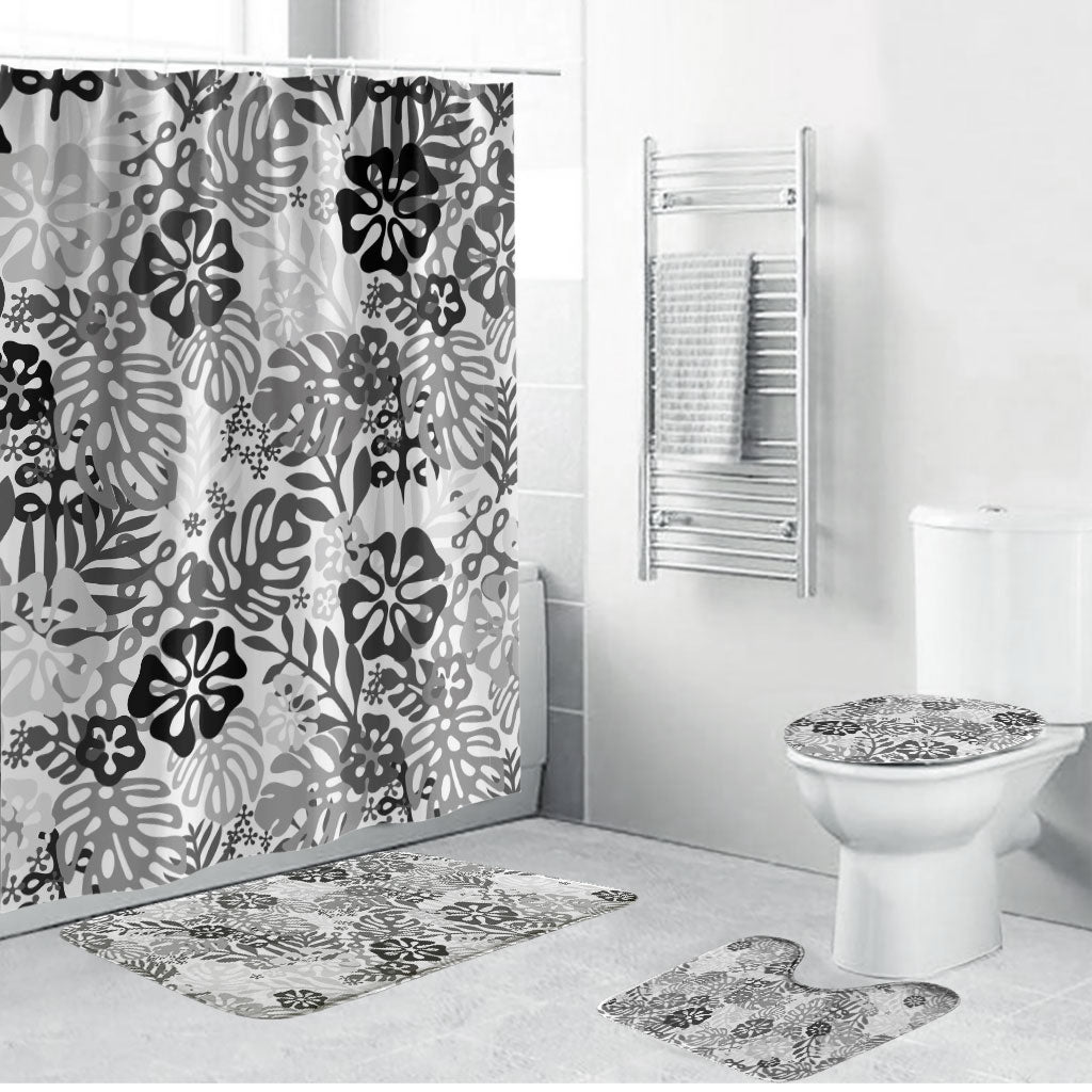 White Aloha Hawaiian Bathroom Set Monstera Hibiscus Tropical Pattern