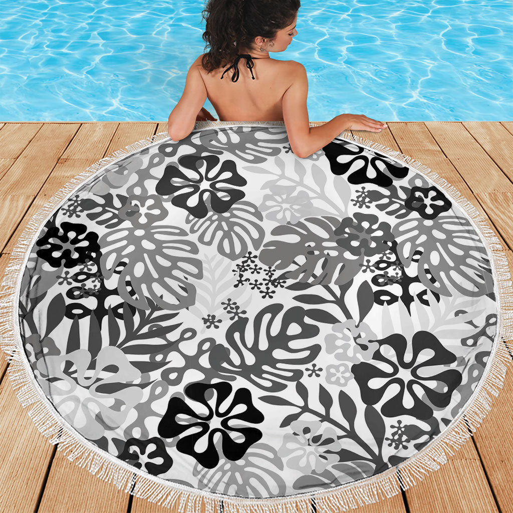 White Aloha Hawaiian Beach Blanket Monstera Hibiscus Tropical Pattern