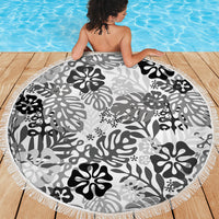 White Aloha Hawaiian Beach Blanket Monstera Hibiscus Tropical Pattern