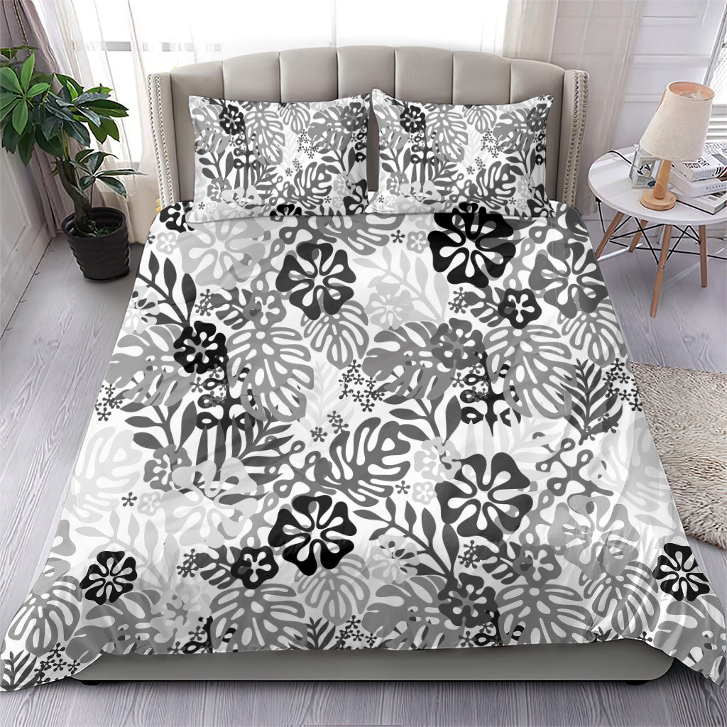 White Aloha Hawaiian Bedding Set Monstera Hibiscus Tropical Pattern