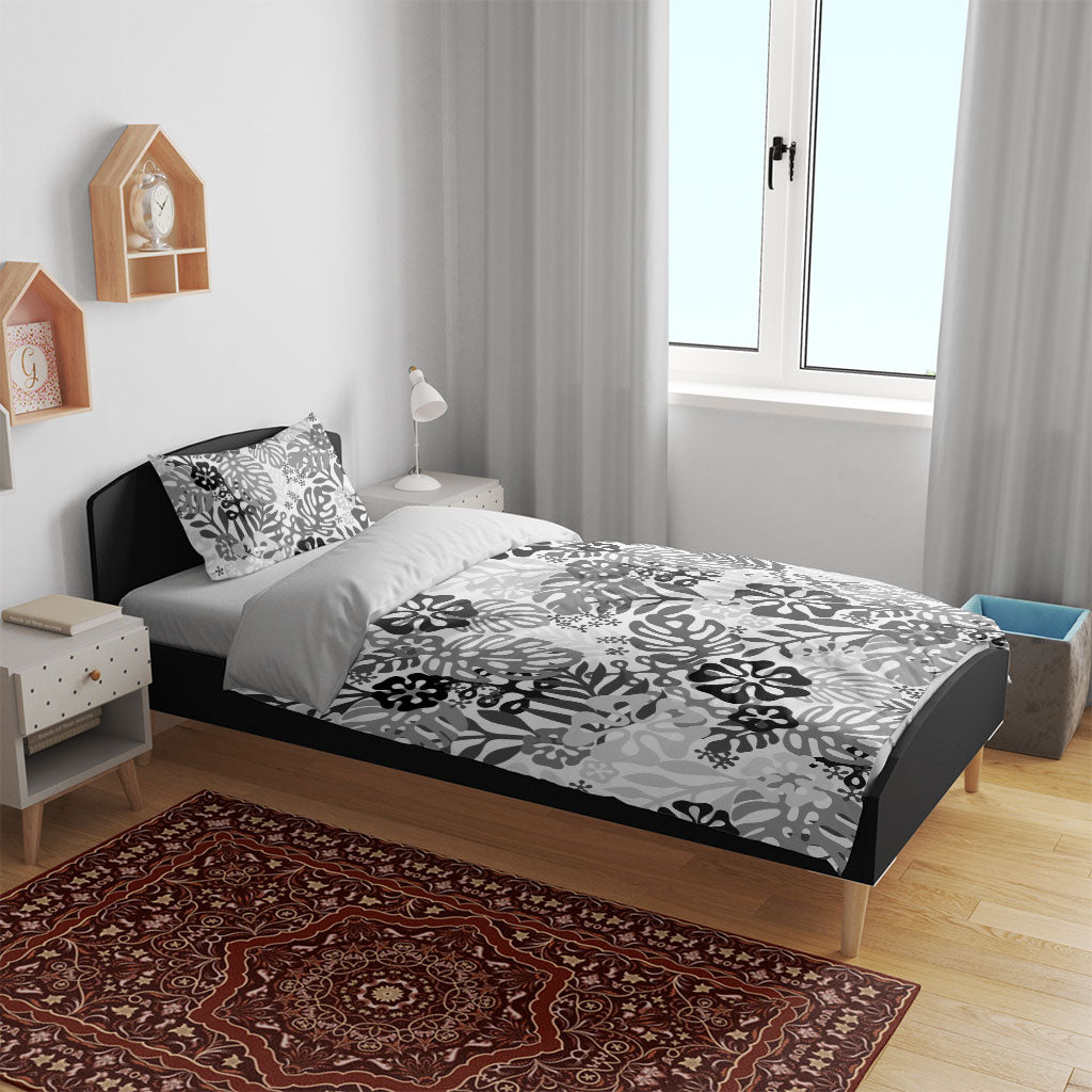 White Aloha Hawaiian Bedding Set Monstera Hibiscus Tropical Pattern