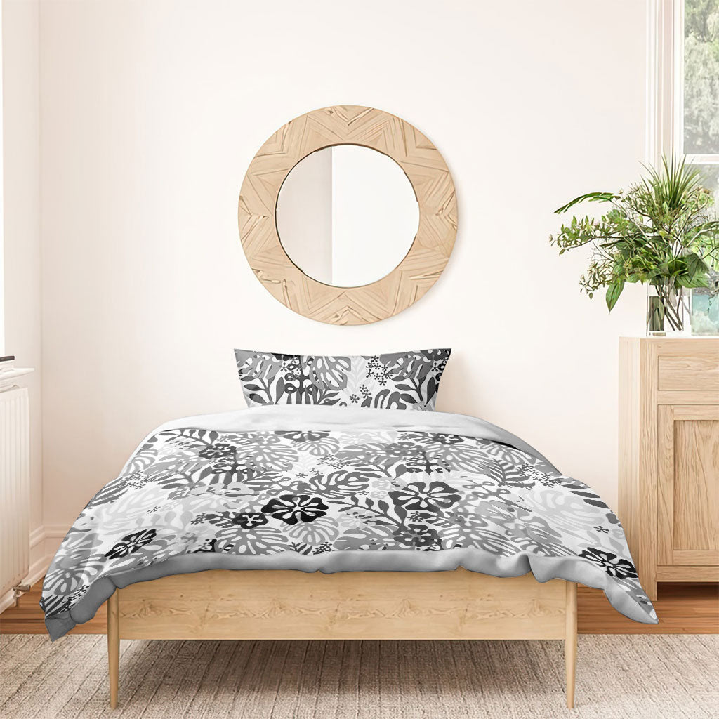 White Aloha Hawaiian Bedding Set Monstera Hibiscus Tropical Pattern