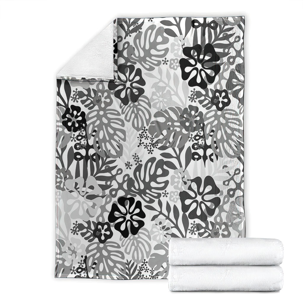 White Aloha Hawaiian Blanket Monstera Hibiscus Tropical Pattern