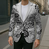 White Aloha Hawaiian Blazer Monstera Hibiscus Tropical Pattern