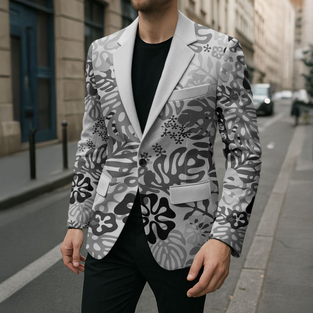 White Aloha Hawaiian Blazer Monstera Hibiscus Tropical Pattern