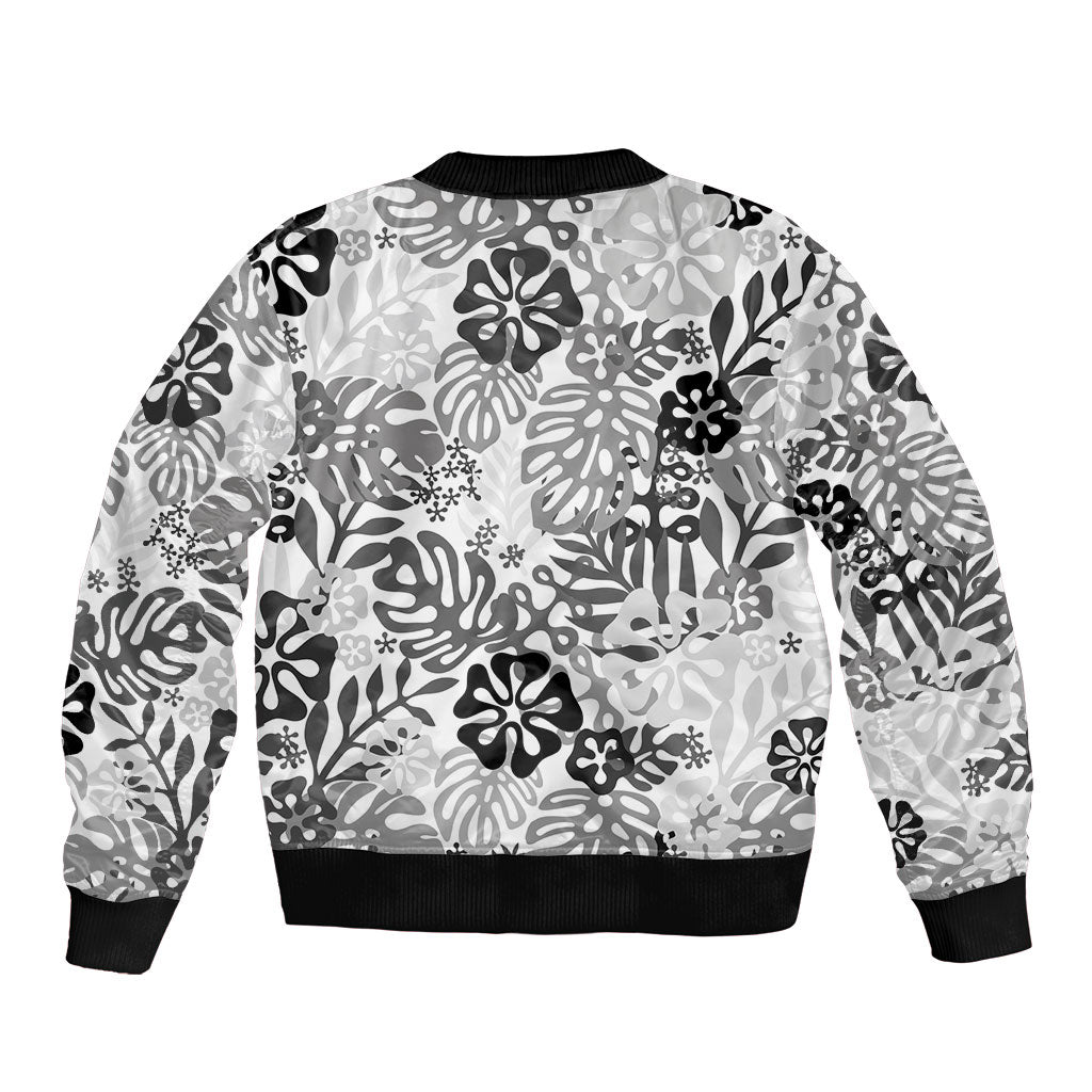 White Aloha Hawaiian Bomber Jacket Monstera Hibiscus Tropical Pattern
