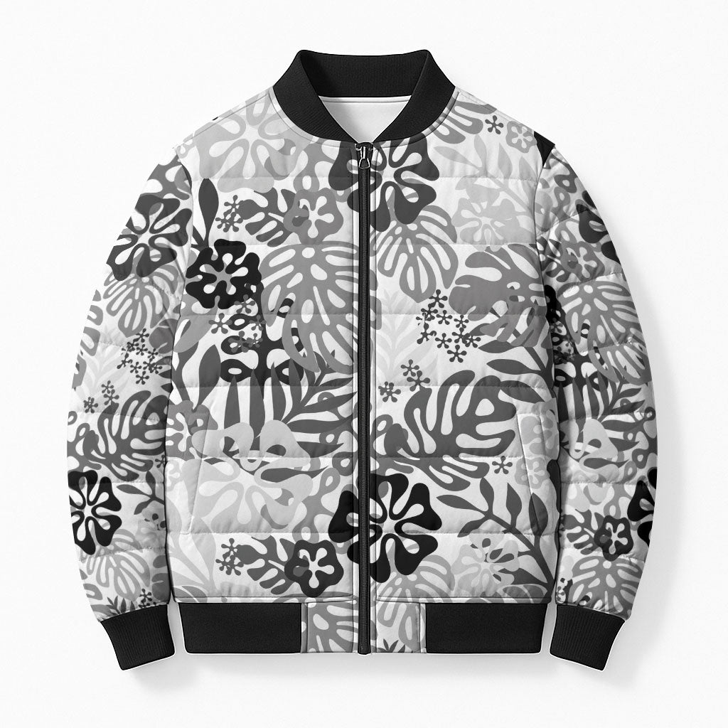 White Aloha Hawaiian Bomber Puffer Jacket Monstera Hibiscus Tropical Pattern