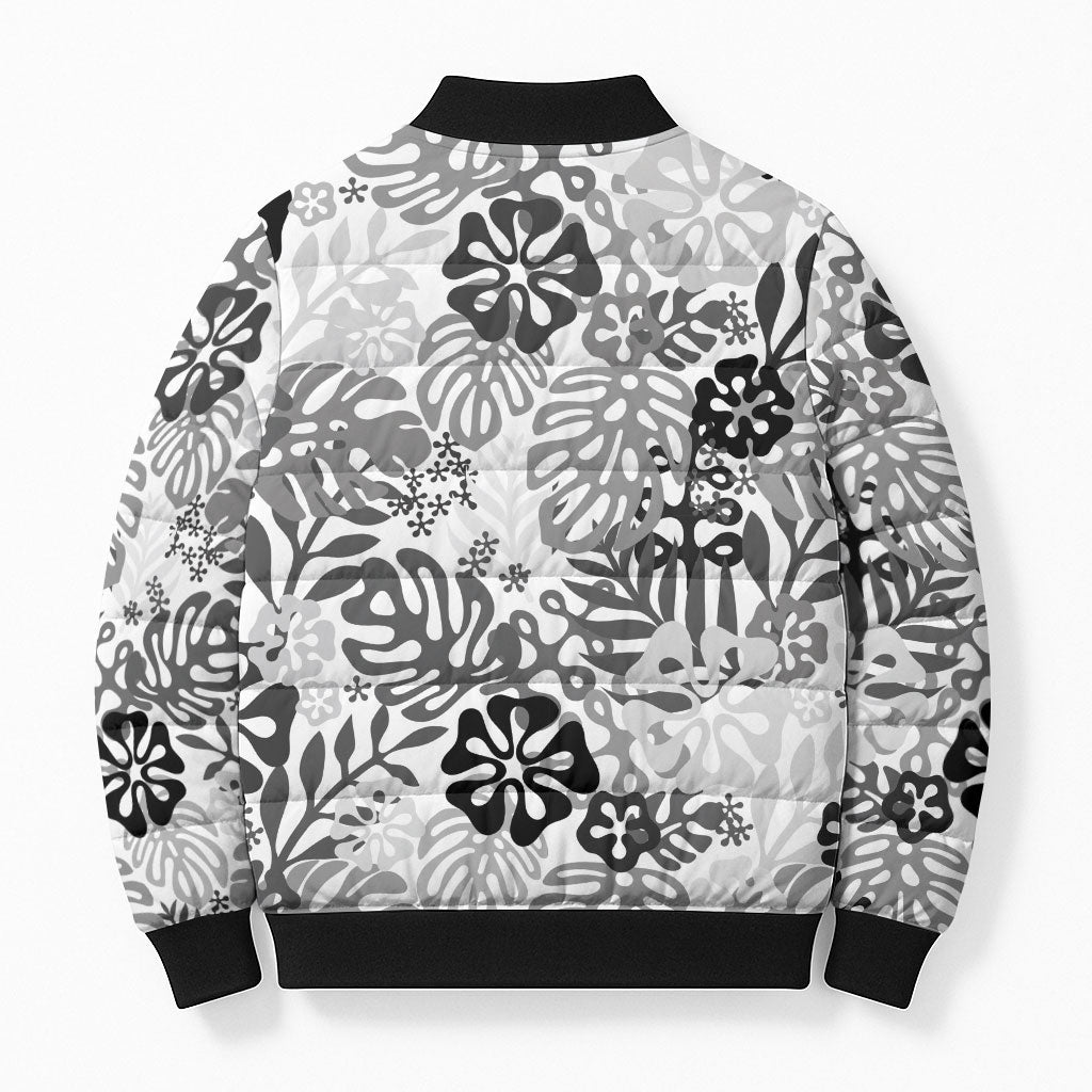 White Aloha Hawaiian Bomber Puffer Jacket Monstera Hibiscus Tropical Pattern
