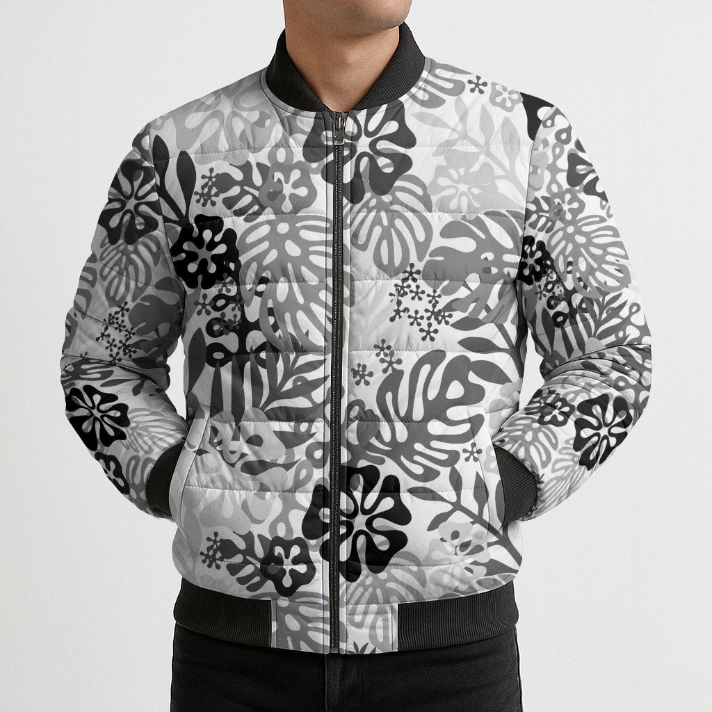 White Aloha Hawaiian Bomber Puffer Jacket Monstera Hibiscus Tropical Pattern