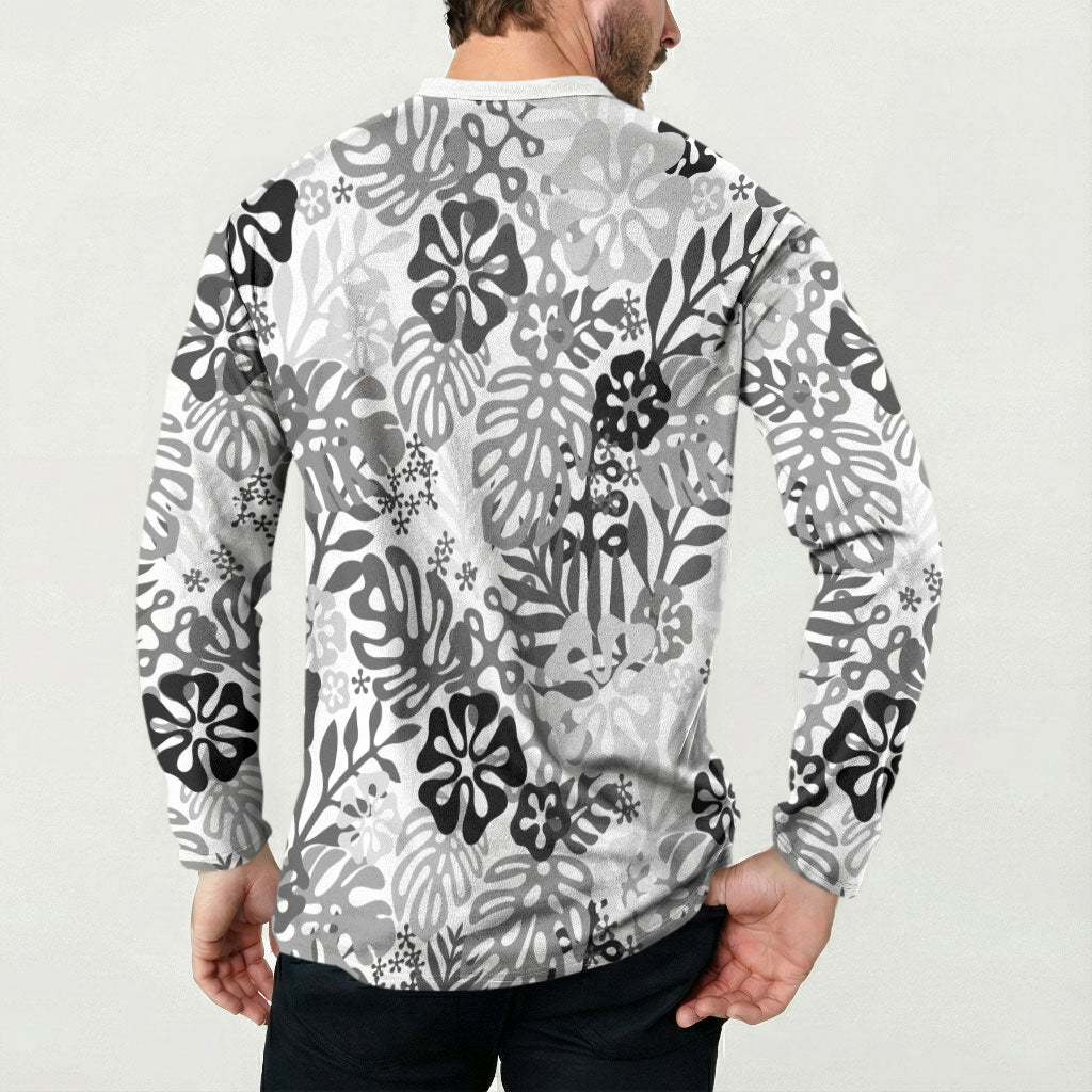 White Aloha Hawaiian Button Sweatshirt Monstera Hibiscus Tropical Pattern