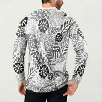 White Aloha Hawaiian Button Sweatshirt Monstera Hibiscus Tropical Pattern