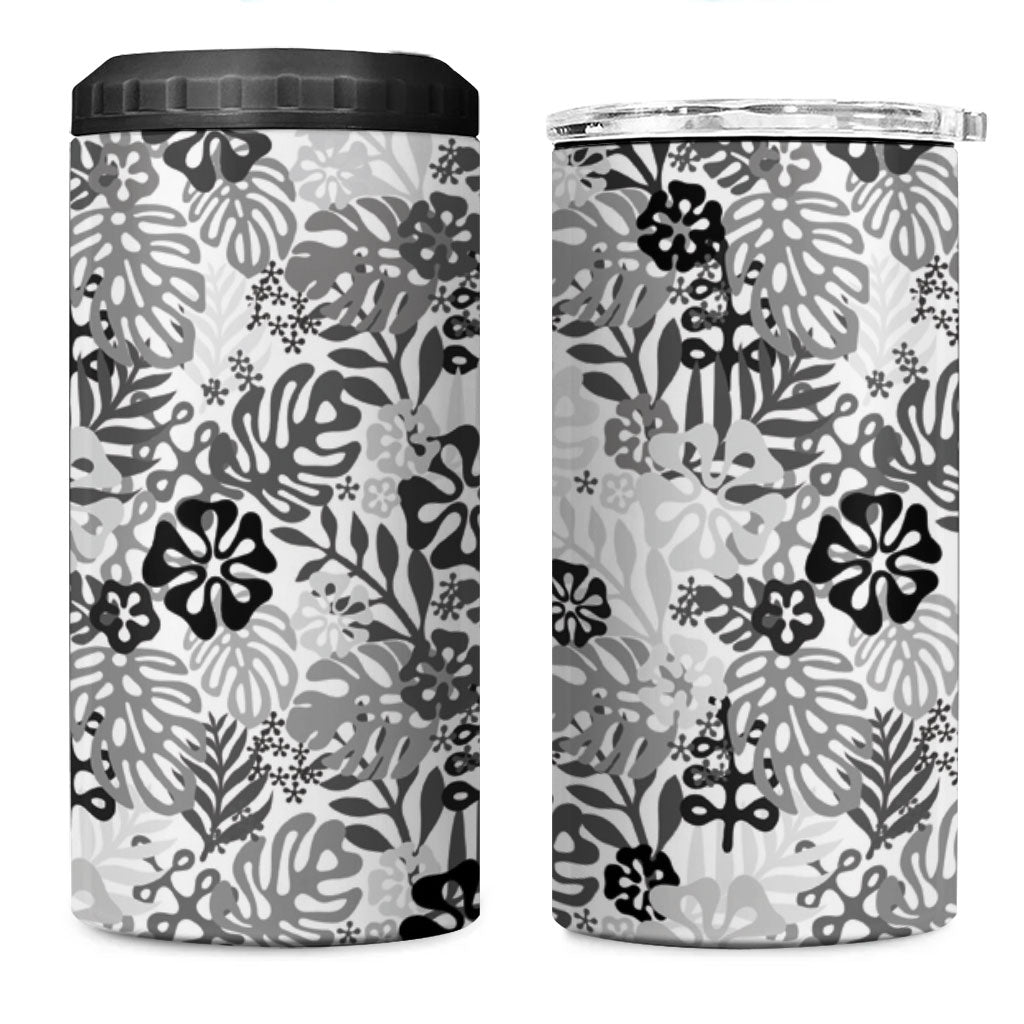 White Aloha Hawaiian 4 in 1 Can Cooler Tumbler Monstera Hibiscus Tropical Pattern